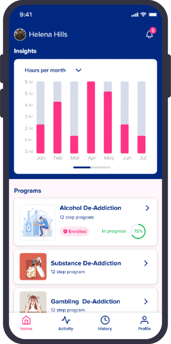 MAI Support app home screen showing monthly hours in recovery and enrolled 12-step programs
